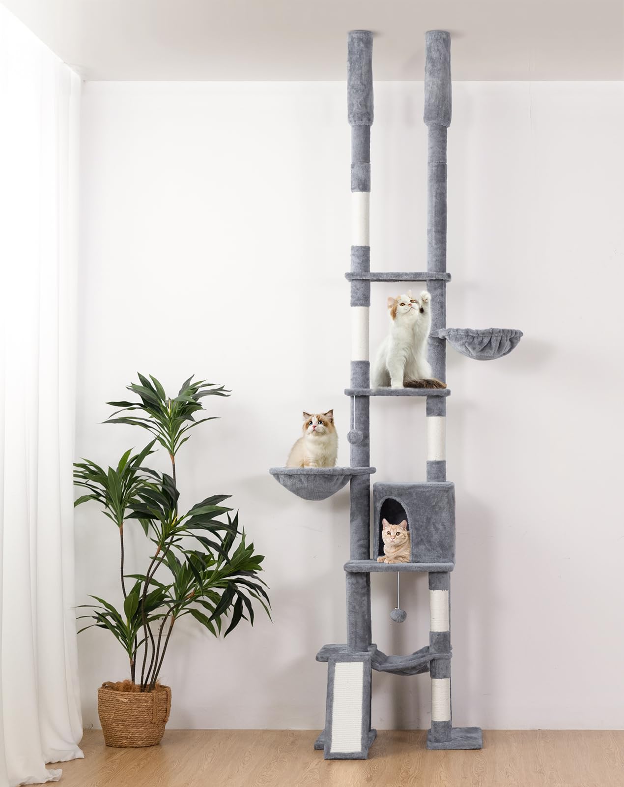 Adjustable Floor-to-Ceiling Cat Tree Tower with Hammocks & 7 Platforms
