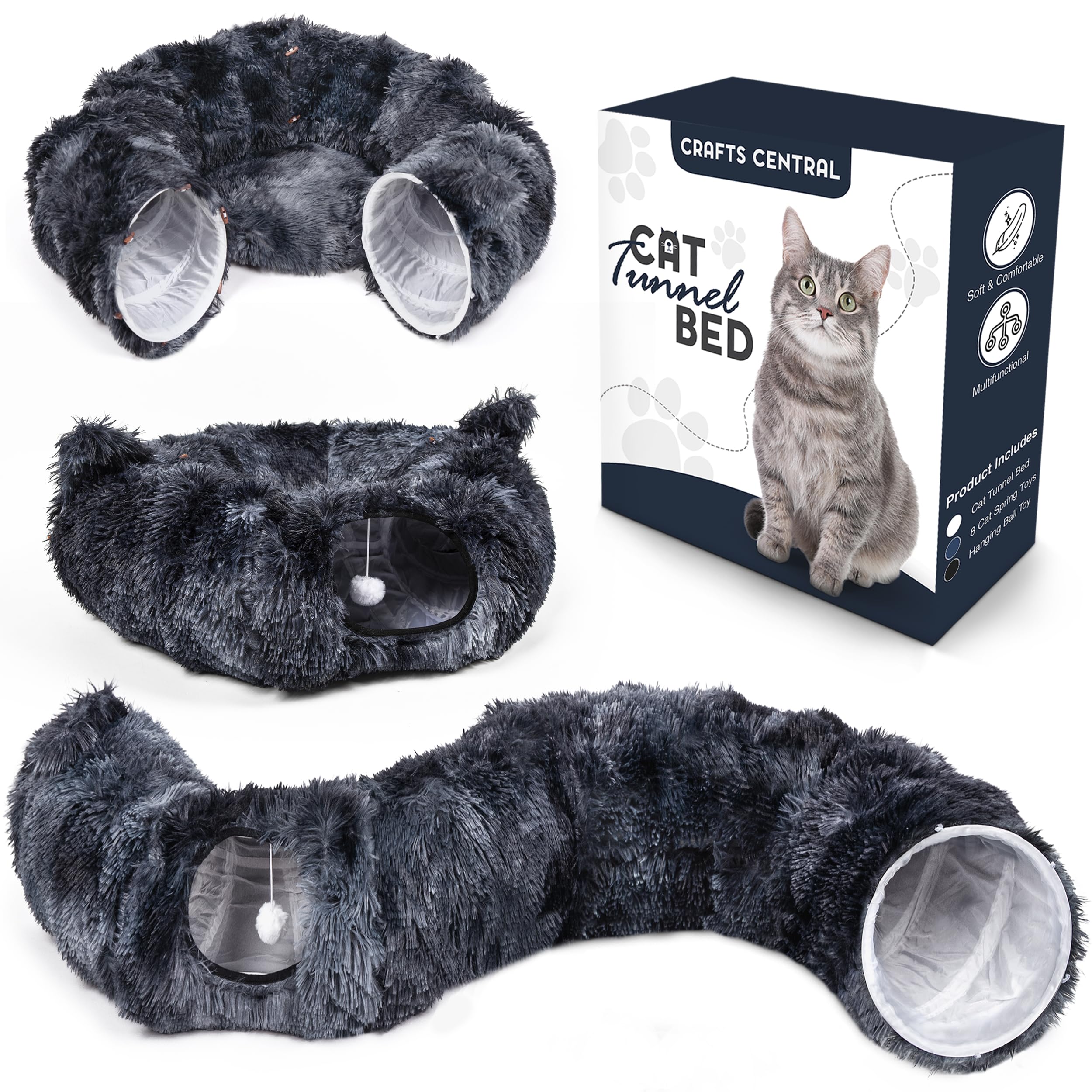 3-in-1 Cat Tunnel Bed with Spring Toys & Hanging Ball