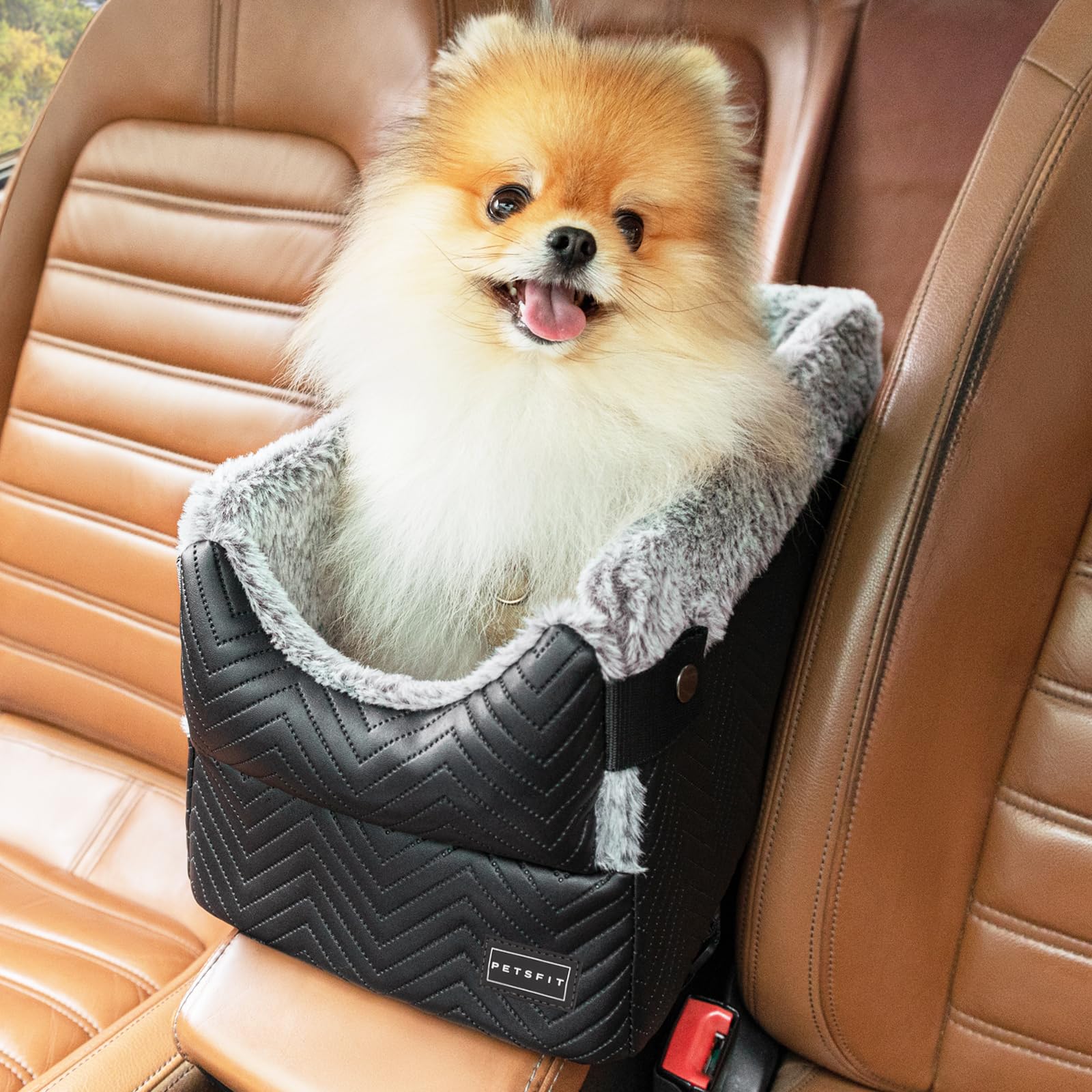 Center Console Dog Car Seat for Small Dogs & Cats with Safety Hooks