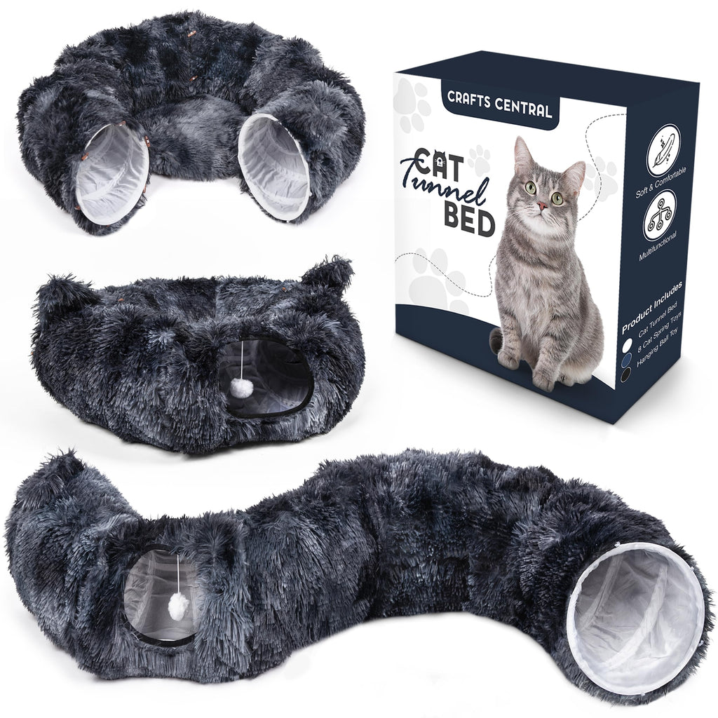 3-in-1 Cat Tunnel Bed with Spring Toys & Hanging Ball