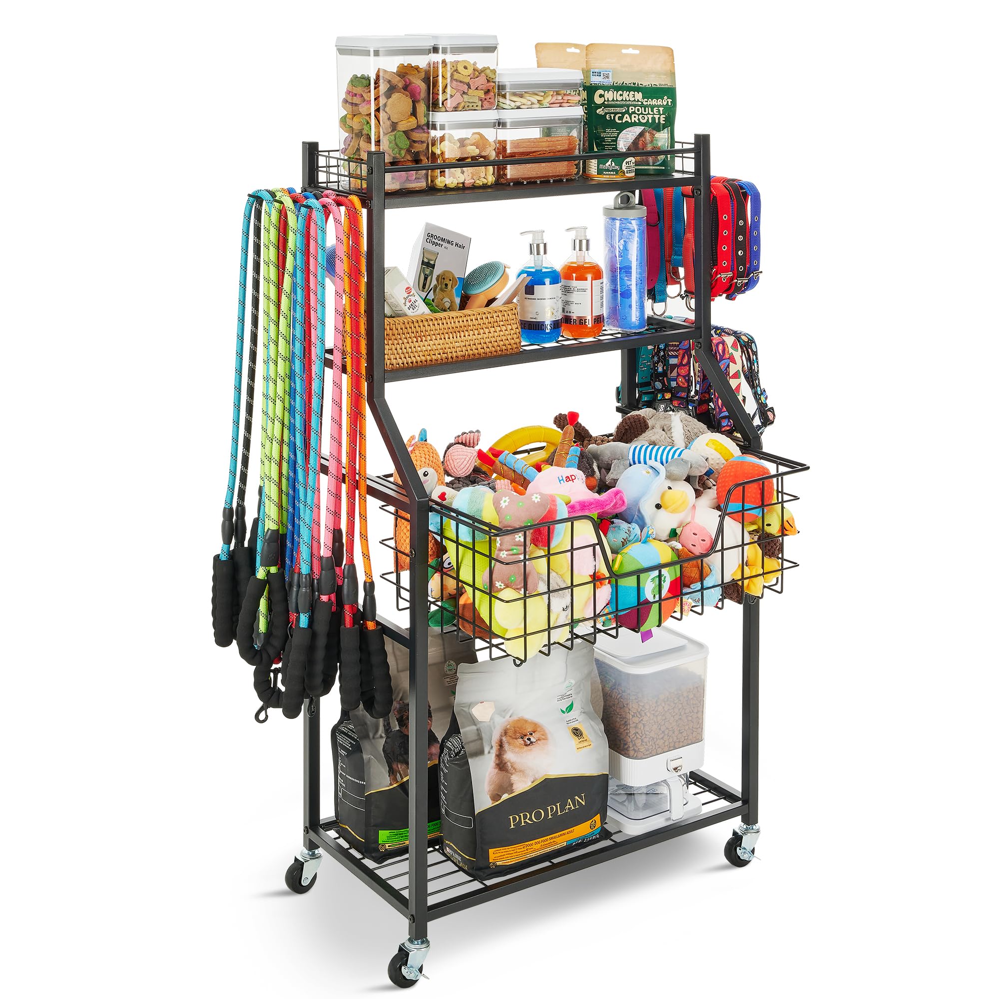 All-in-One Dog Storage Organizer Rack with Toy Bin & Leash Hooks