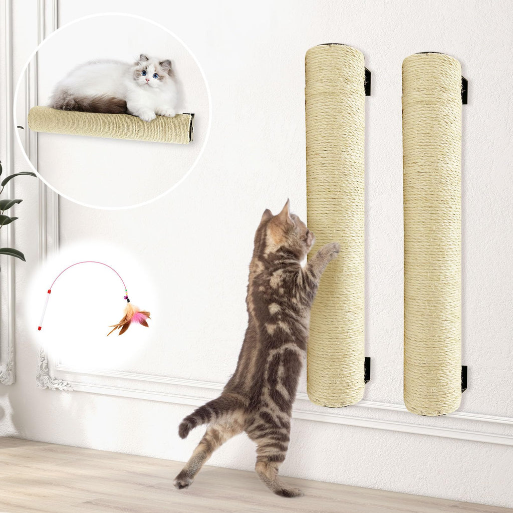Wall-Mounted Sisal Cat Scratching Post with Feather Toy