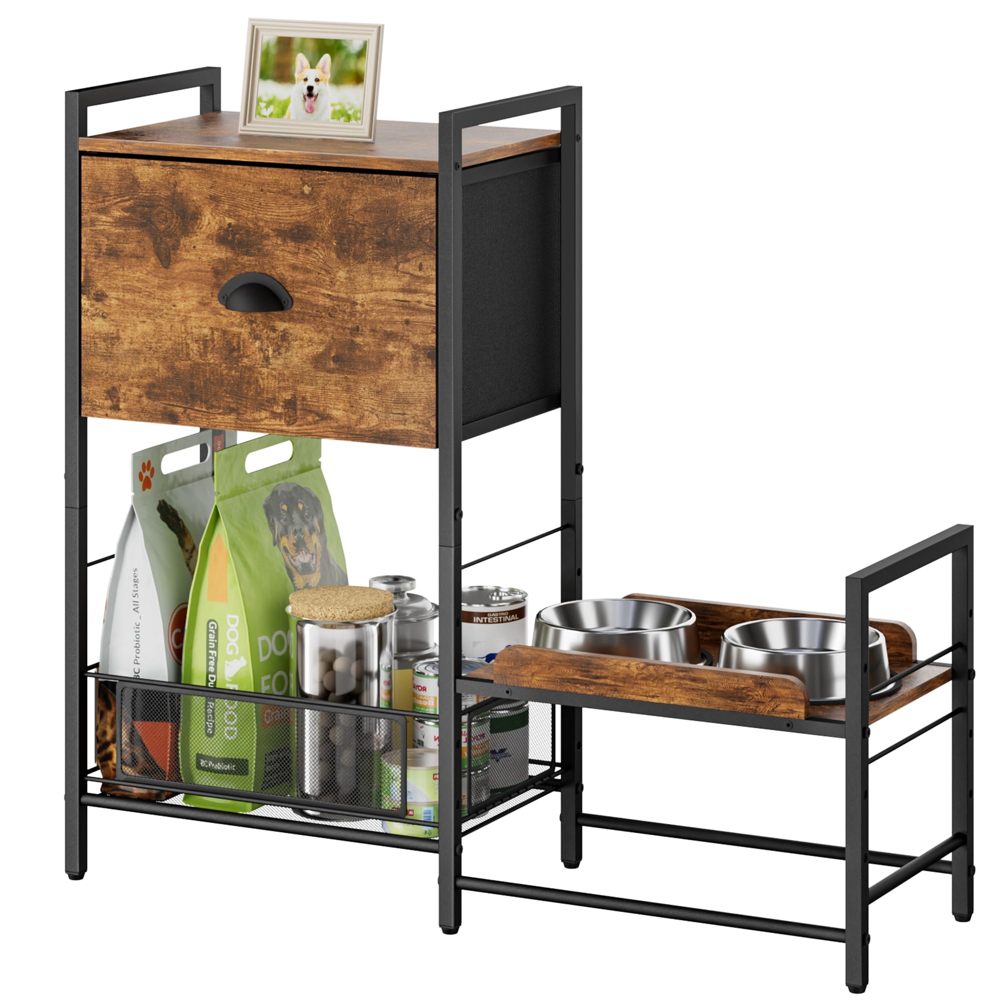 Adjustable Elevated Dog Bowl Station with Storage & Drawers